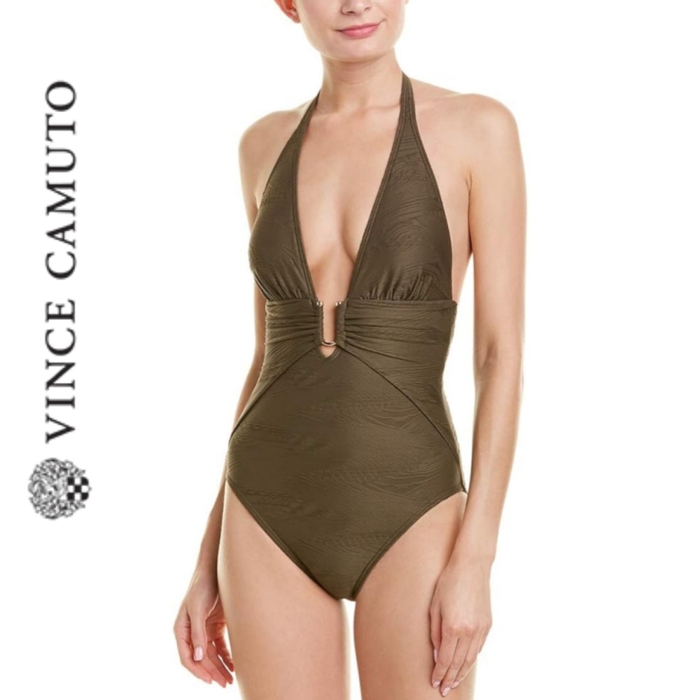 Sz S Vince Camuto Pacific Wave Plunging Textured Olive One-Piece Halter Swimsuit